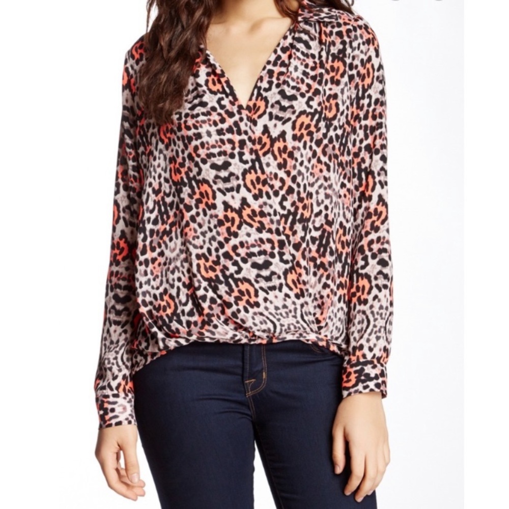Yoana Baraschi Anthropologie Pink Coral Leopard Faux Wrap Top - S